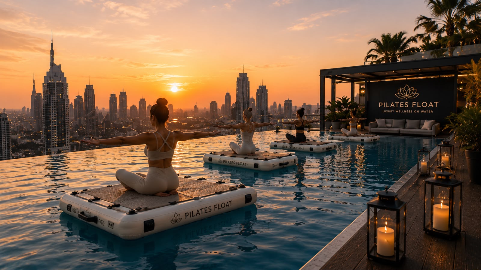 A Pilates Float floating Pilates class on a rooftop infinity pool overlooking the city skyline at sunset