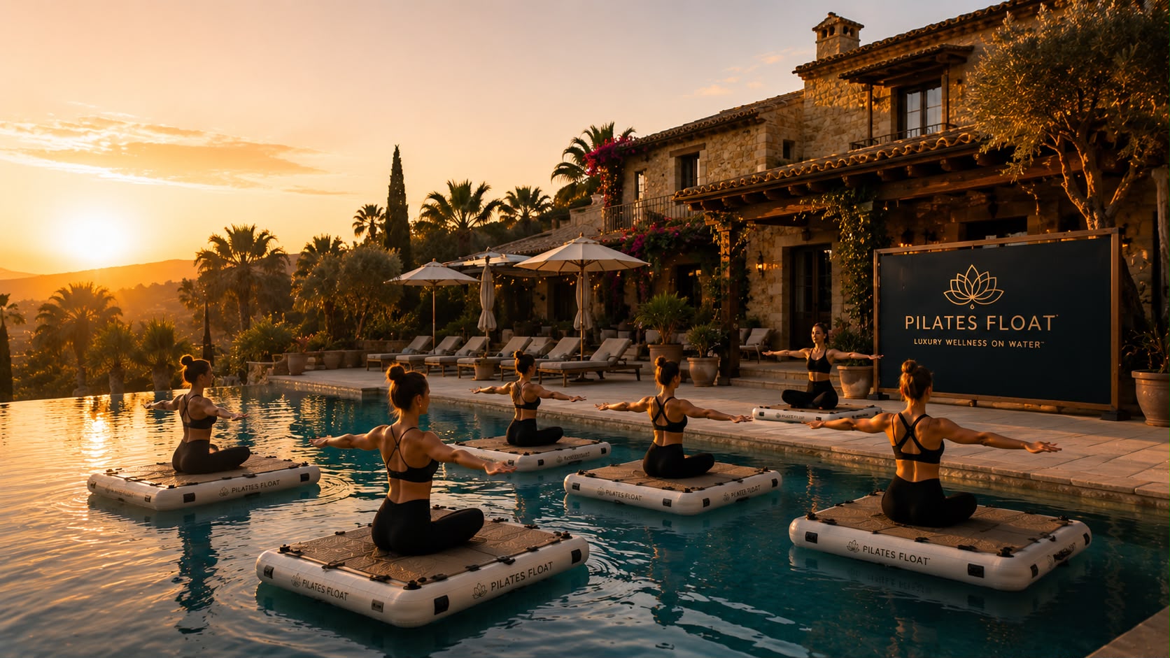 A guided Pilates Float floating Pilates class at a Mediterranean villa pool at golden hour