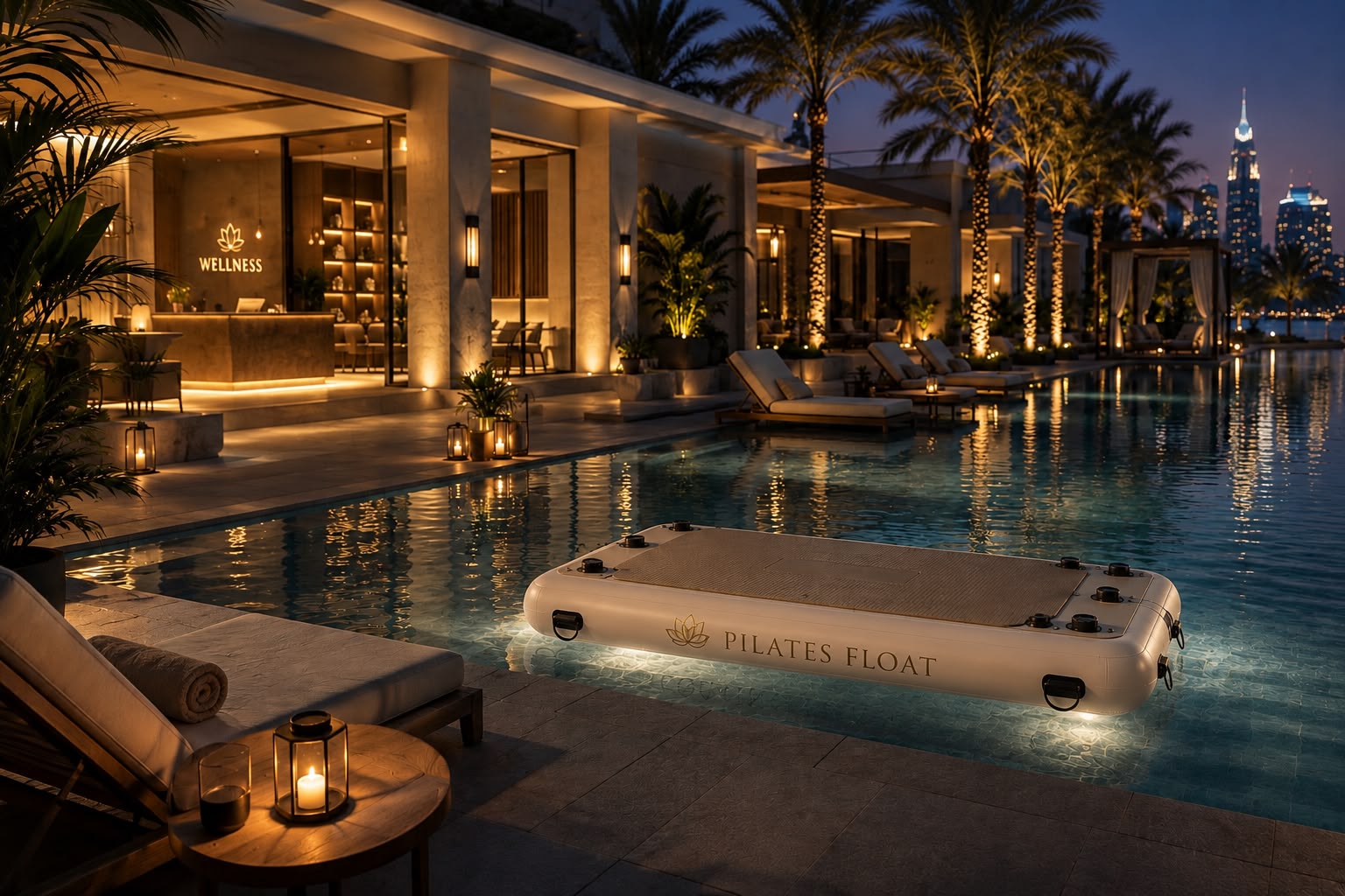 The Pilates Float board and equipment bundle arranged on a poolside deck