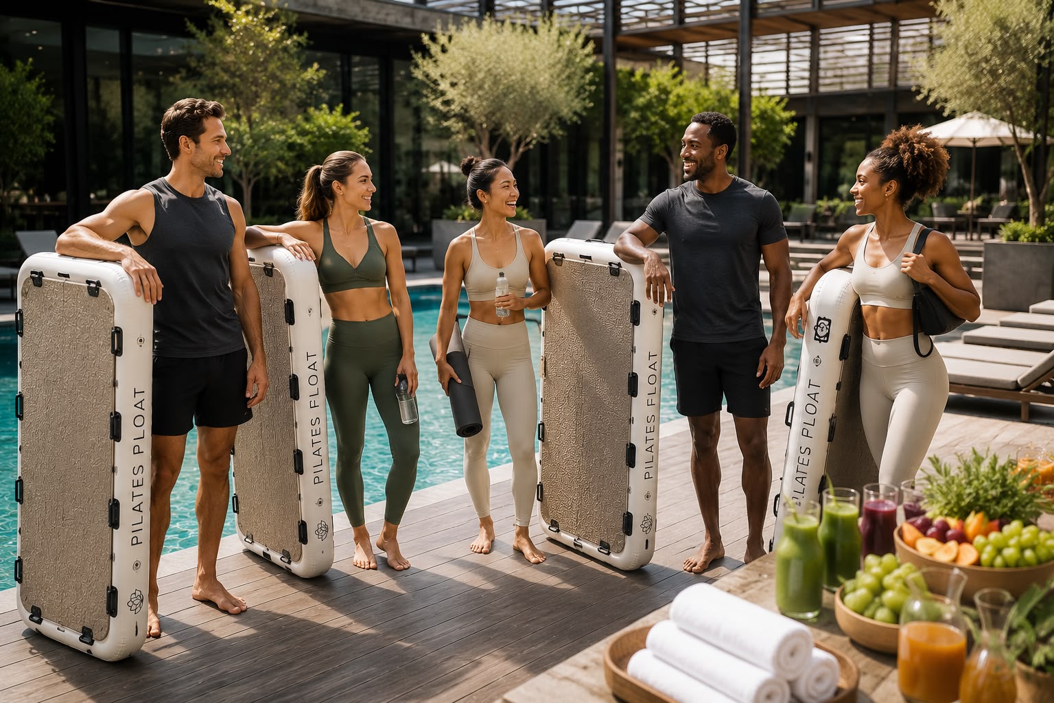 Guests during a multi-day floating Pilates retreat