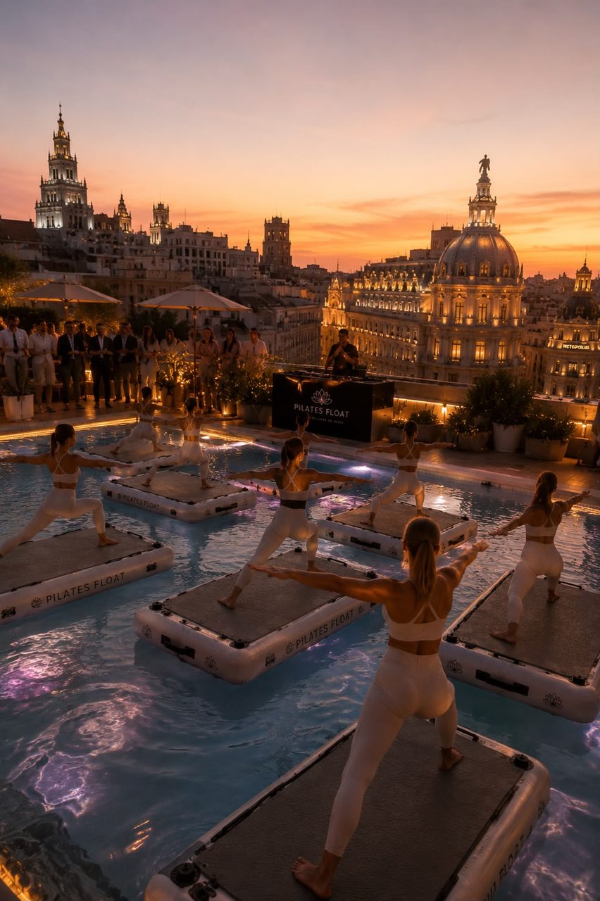 A rooftop floating Pilates session with a city skyline view