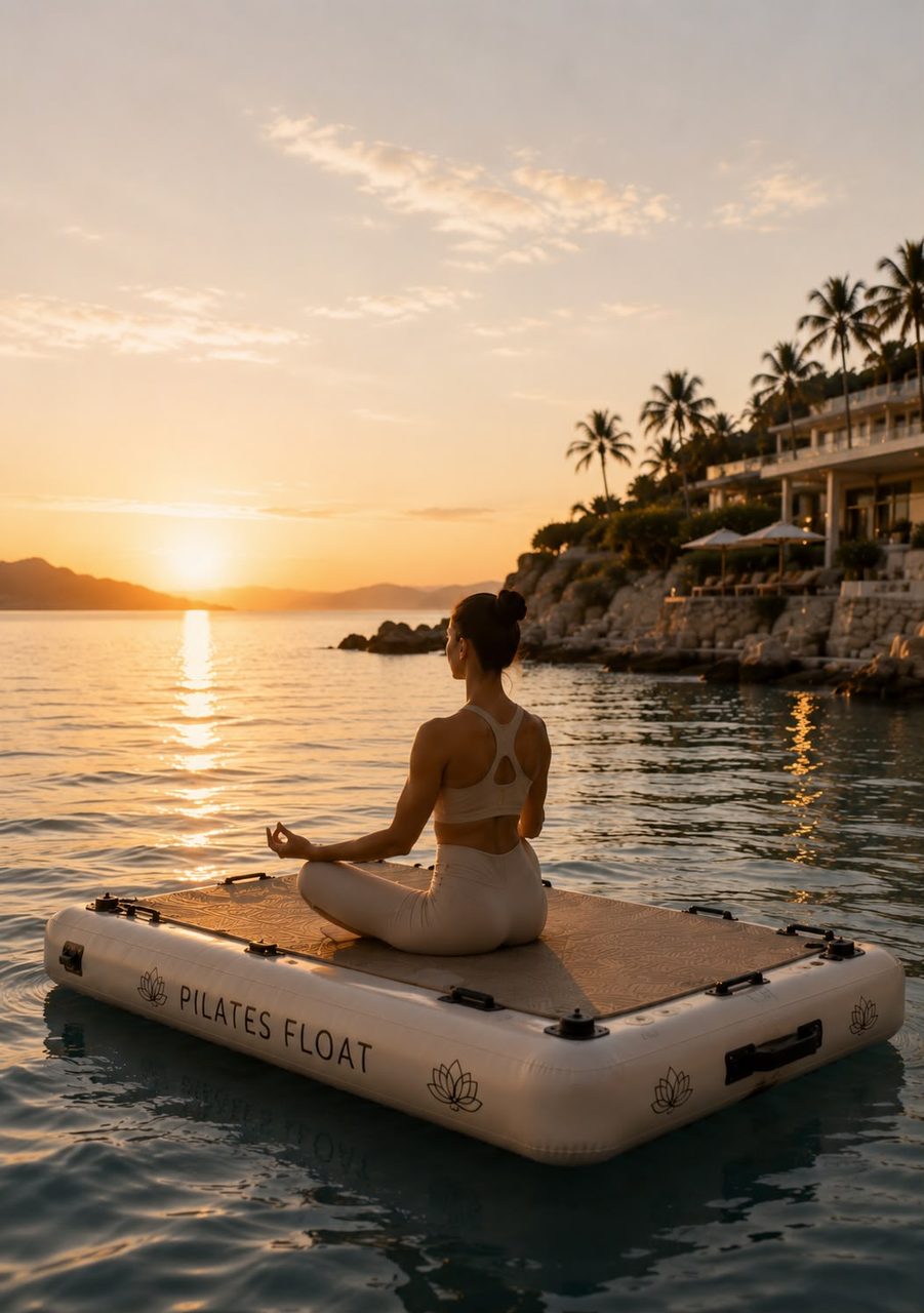 A sunrise floating Pilates session on a calm pool