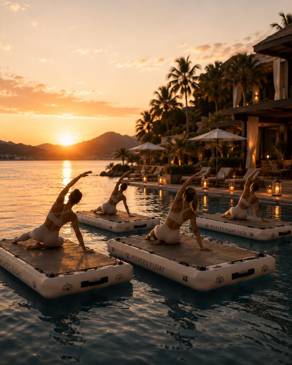 A sunset floating Pilates flow at golden hour
